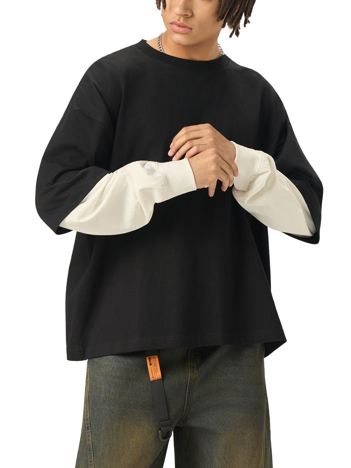 Layered Contrast Sleeve Cotton T-Shirt