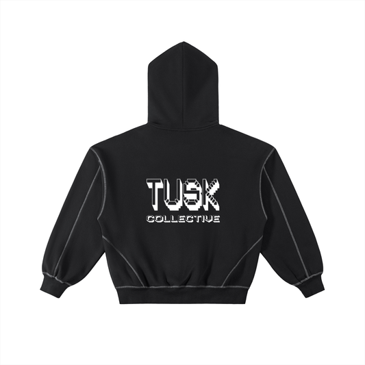 Contrast-Stitched Boxy Fleece Zip Hoodie