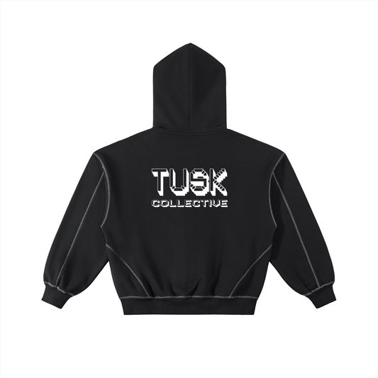 Contrast-Stitched Boxy Fleece Zip Hoodie