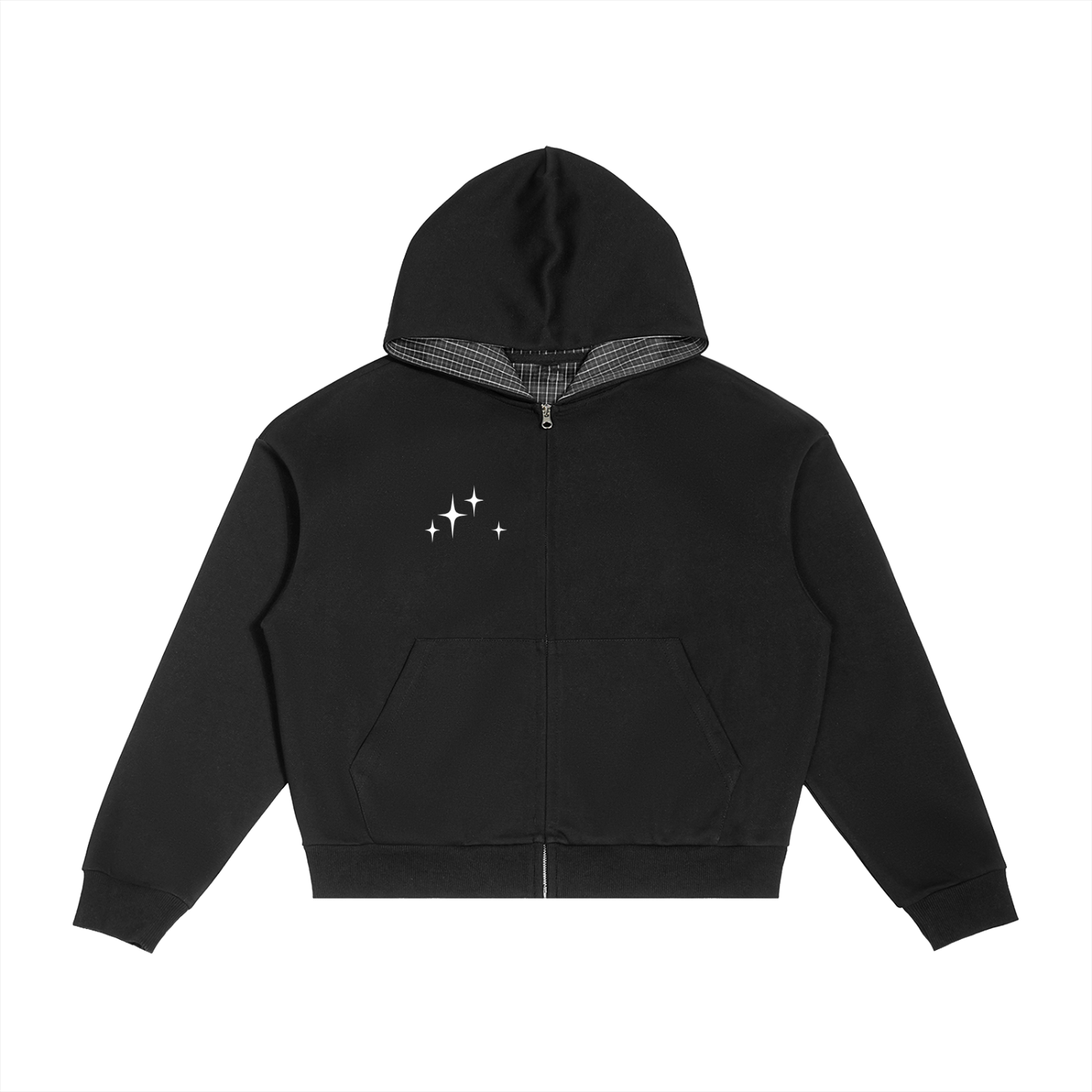 Contrast Plaid Boxy Zip Hoodie