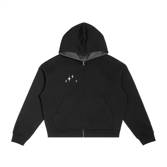 Contrast Plaid Boxy Zip Hoodie