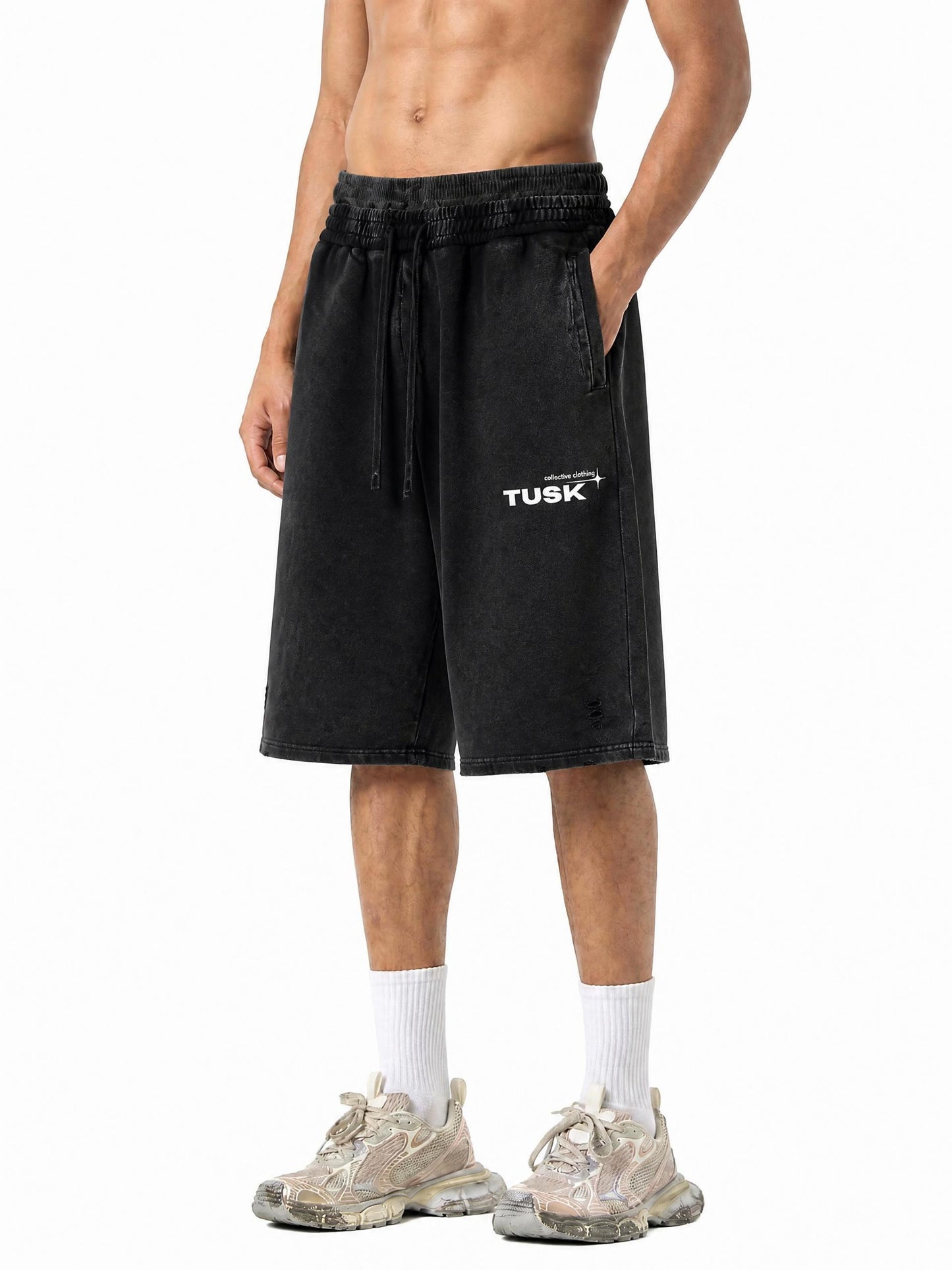 Unisex Vintage Wash Distressed Wide Leg Shorts