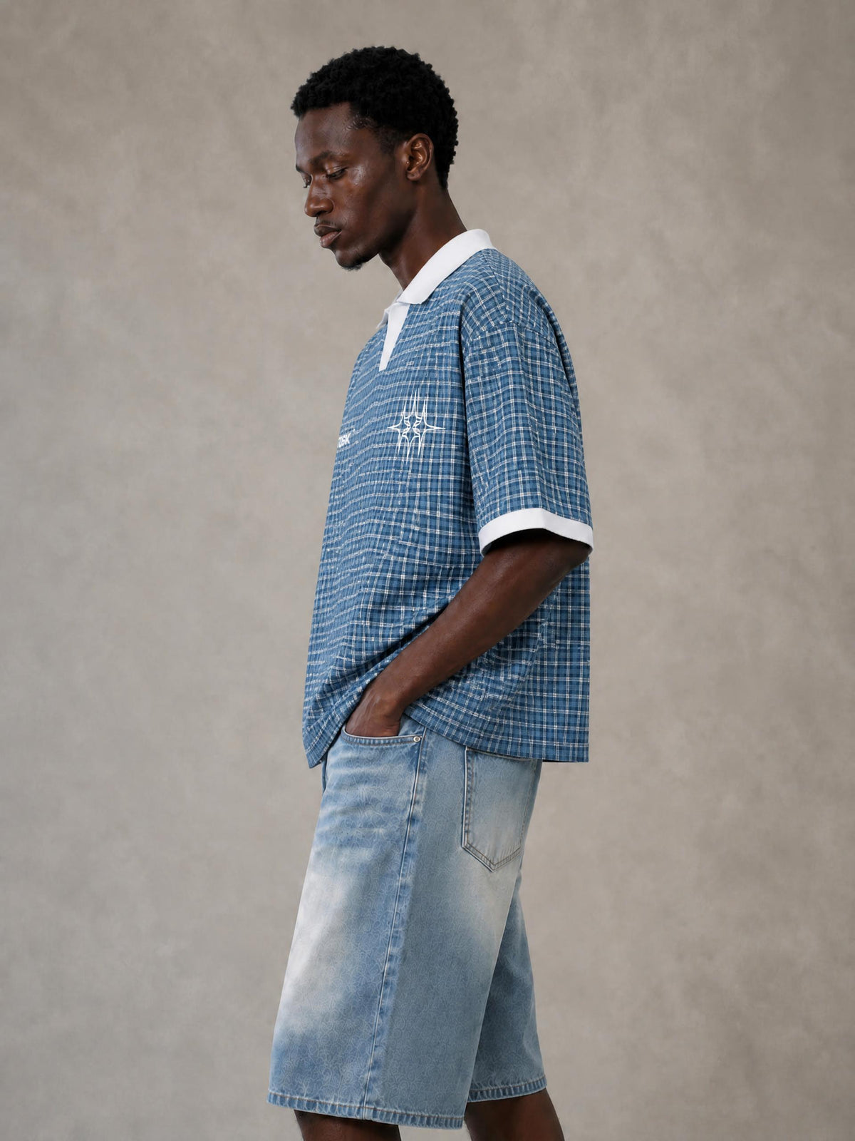 Unisex Boxy Plaid Color Block Polo Shirt
