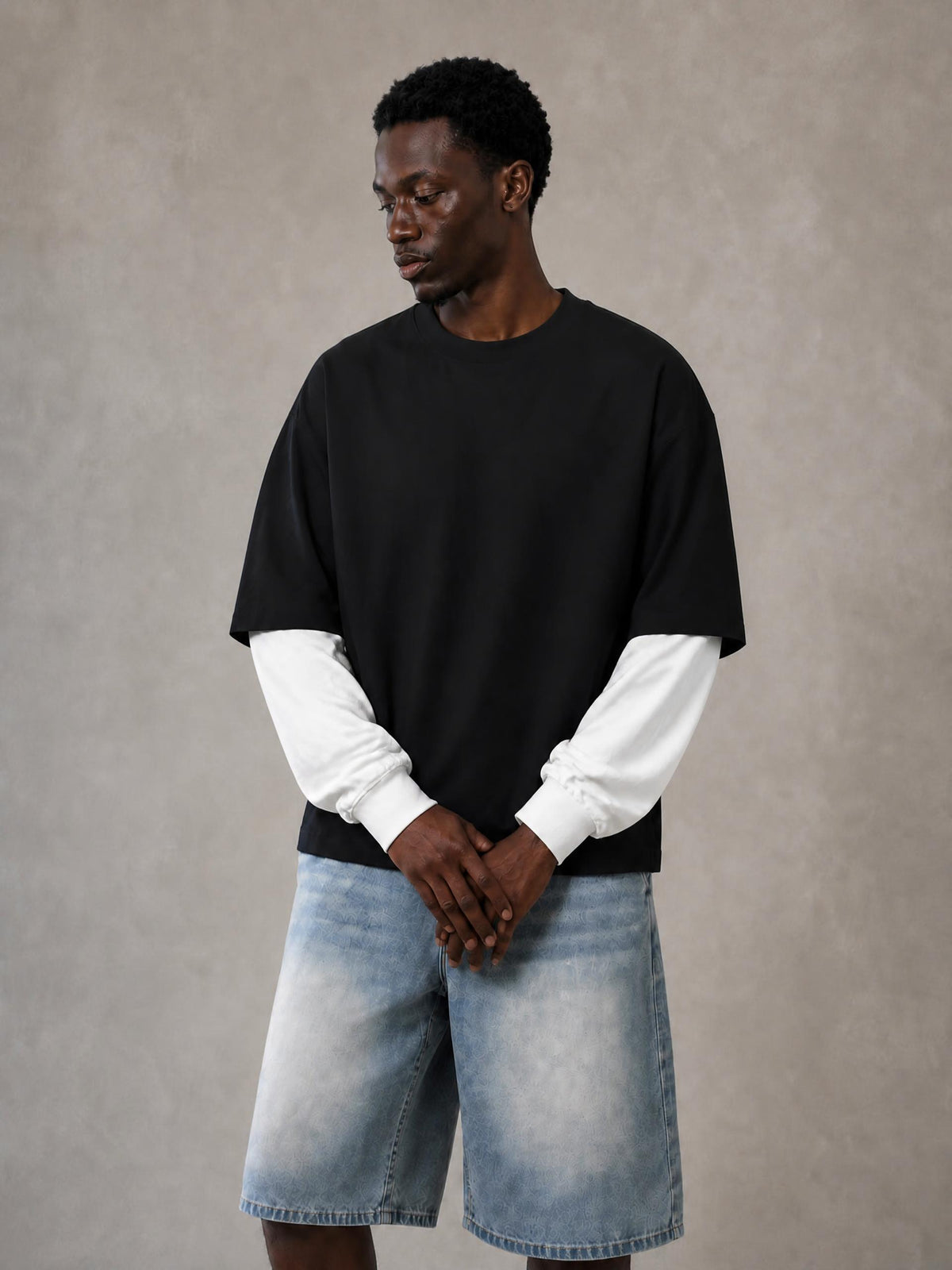 Layered Contrast Sleeve Cotton T-Shirt