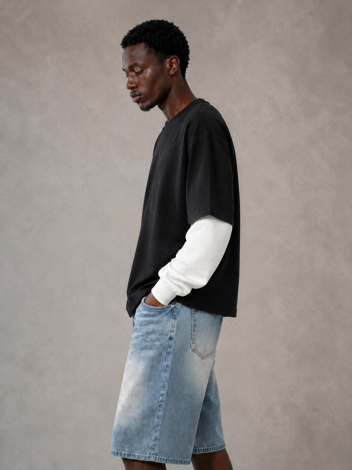 Layered Contrast Sleeve Cotton T-Shirt