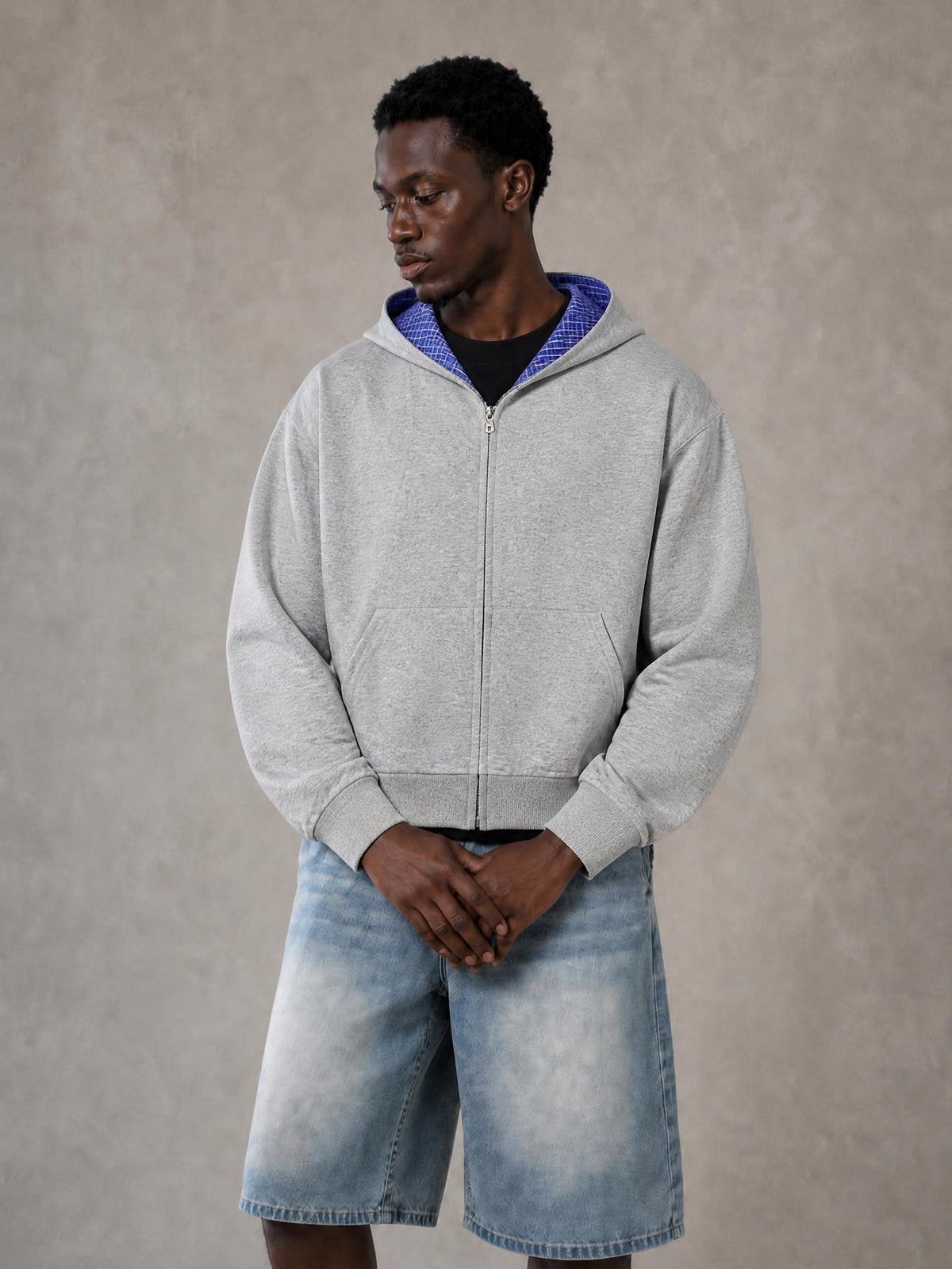 Contrast Plaid Boxy Zip Hoodie