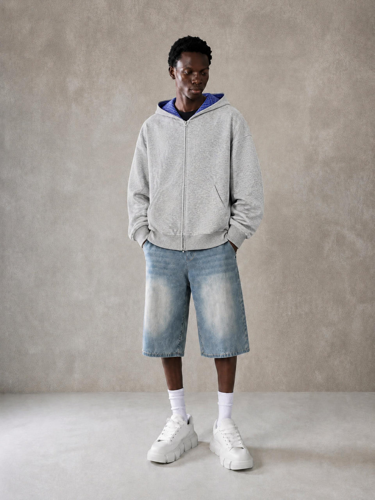 Contrast Plaid Boxy Zip Hoodie