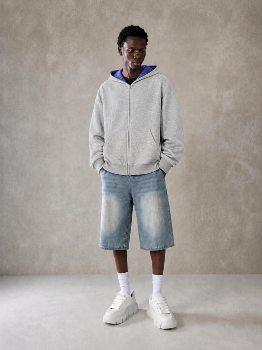 Contrast Plaid Boxy Zip Hoodie