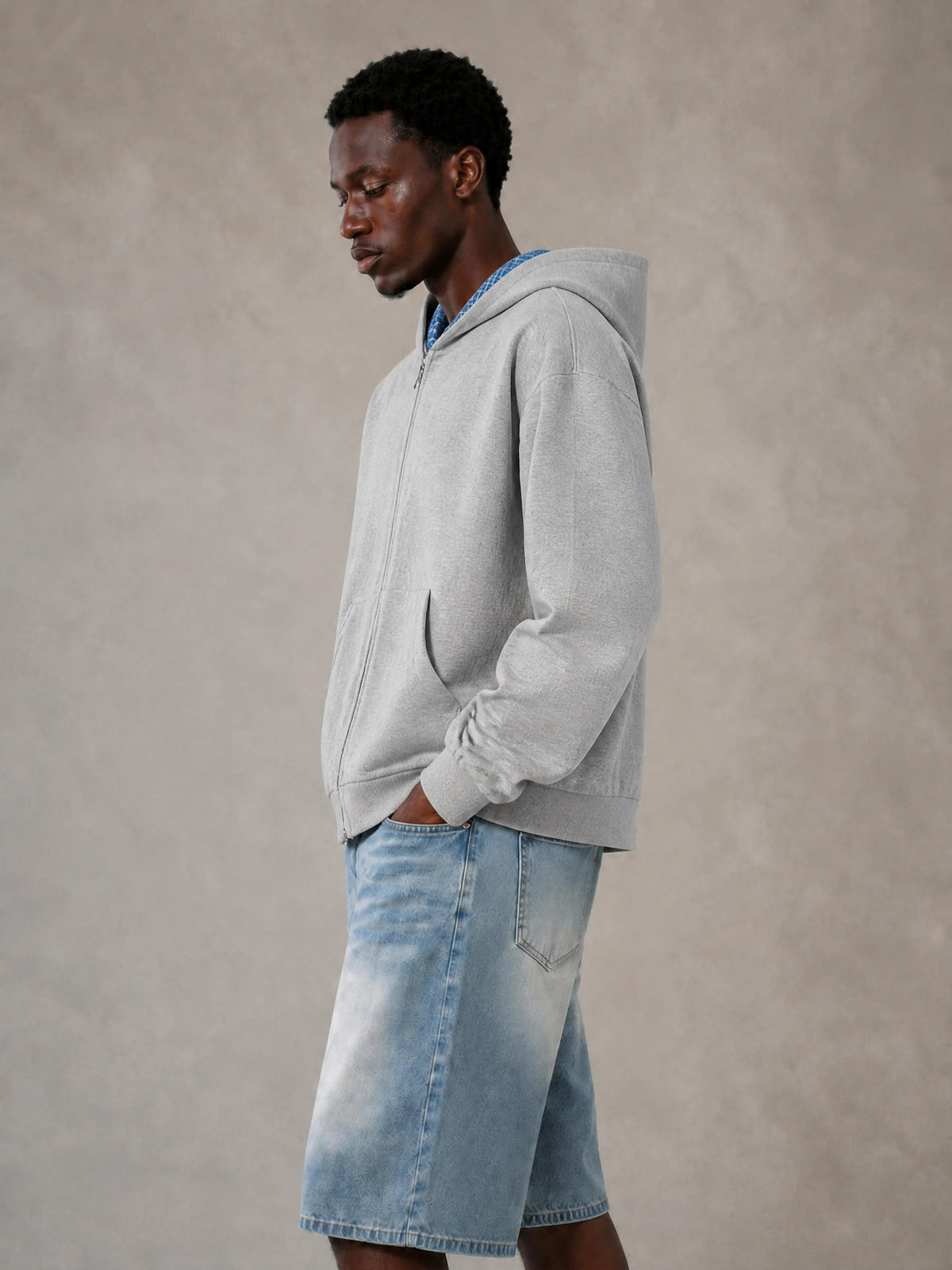Contrast Plaid Boxy Zip Hoodie